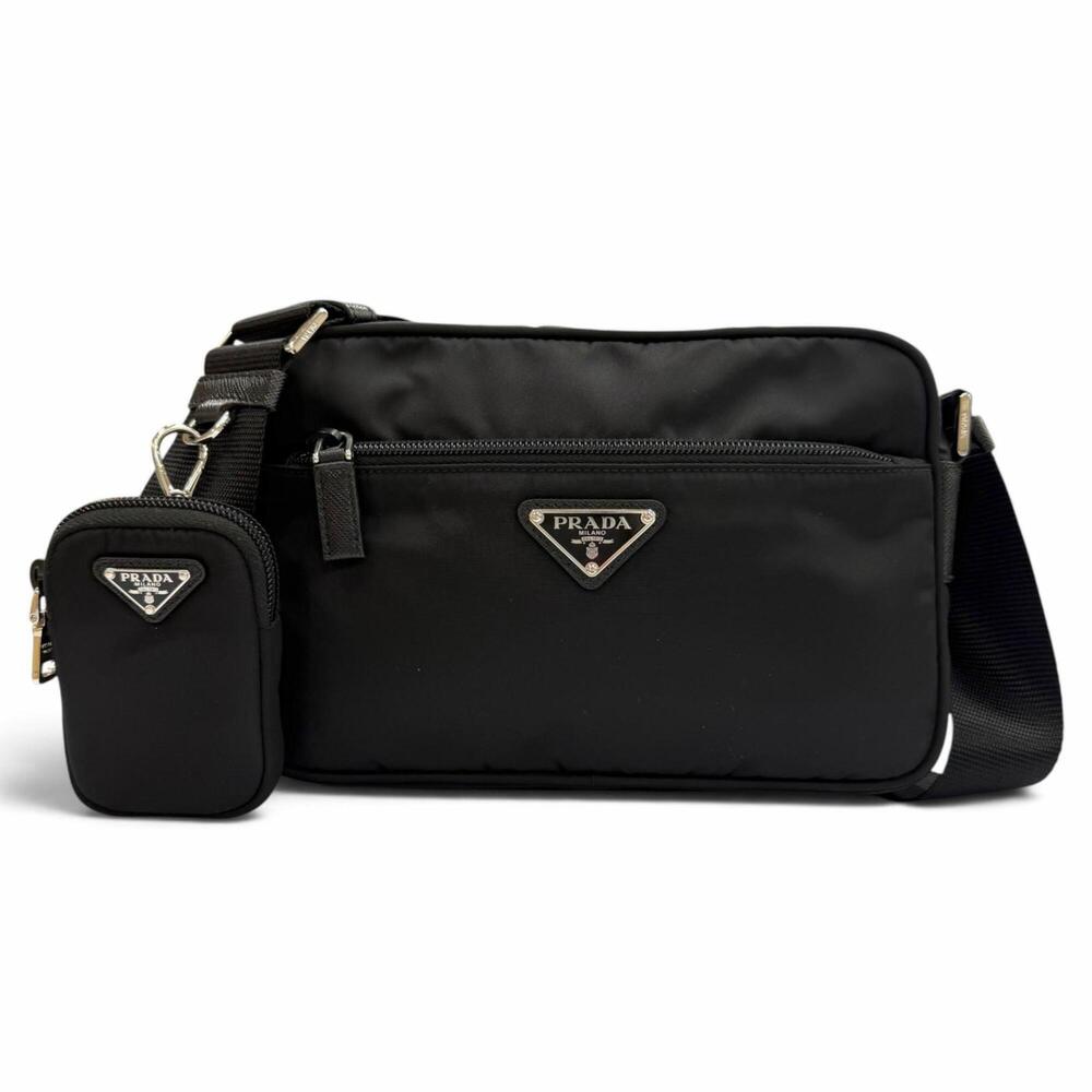 PRADA 1BC167 Nylon Leather Re-Nylon Triangle Logo Plate Shoulder Bag Black Ma...
